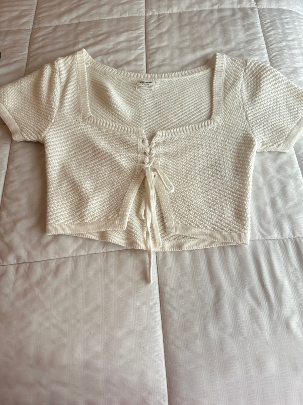 Women's Cream Knit Lace-Up Cropped Top